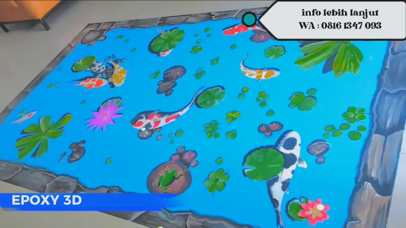 Lantai epoxy tiga dimensi bermotif kolam ikan koi di dalam ruangan
